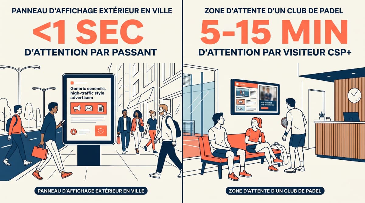 Schéma comparant l'audience captive d'un club de padel à celle d'un panneau d'affichage extérieur classique : captivité 5-15 min vs moins d'une seconde