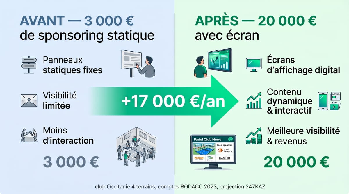 Tableau de projection avant/après pour le club de référence d'Occitanie : 228 k€ de CA, +17 000 € de revenu publicitaire annuel projeté