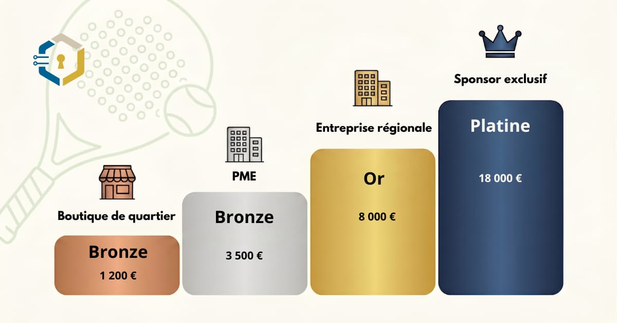 Pyramide des 4 packs de sponsoring digitalisé pour club de padel : Bronze 1 200 €, Argent 3 500 €, Or 8 000 €, Platine 18 000 € par an