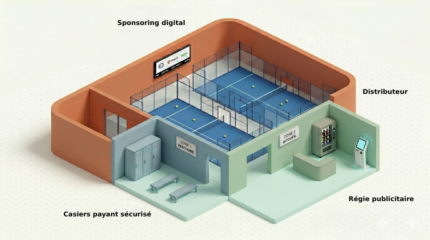 Schéma visualisant les 4 zones de revenus d'un club de padel : terrains, vestiaire, accueil, murs visibles